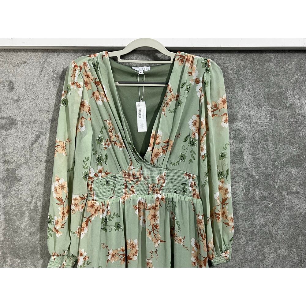 Baltic Born Olivia Maxi Dress Medium Sage Green Floral Chiffon Smocked Waist NWT - Picture 3 of 9